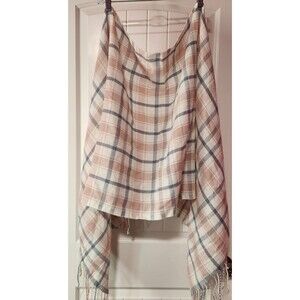 Pastel Pink Blue White Plaid Knit Rectangle Fringed Scarf 24"x70”